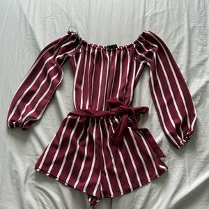 Striped Burgundy Off-Shoulder Romper